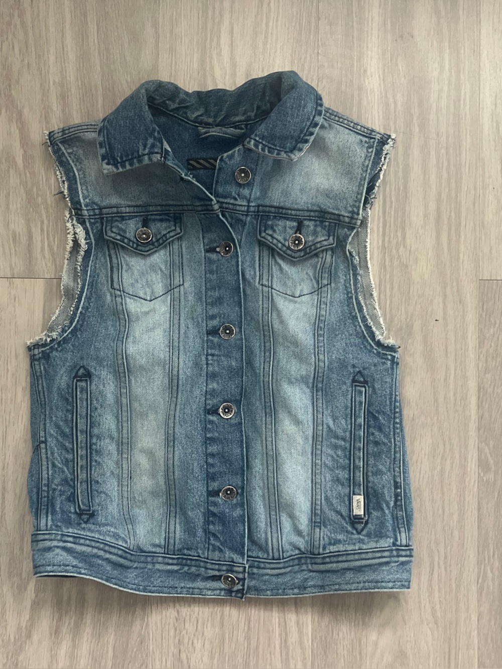 Vans Women’s Denim Trucker Vest M Distressed Blue Sleeveless Y2K